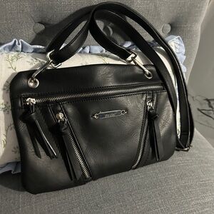 Nicole Miller Black Vegan Leather Crossbody | Moto Zipper Edgy Chic Bag